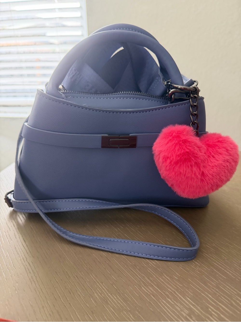Steve Madden Lavender Blue Crossbody with Pink Heart Pom Charm